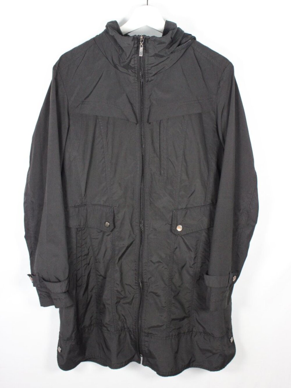 Cole Haan Black Hooded Rain Trench Coat Size XL Hidden Hood Cinch Waist READ